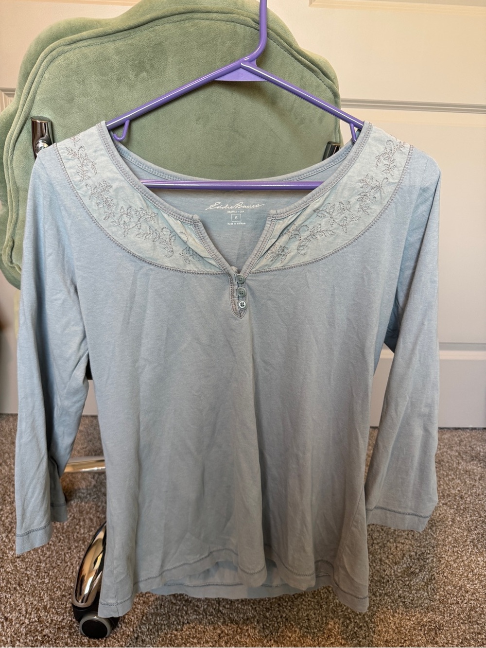 Eddie Bauer Pale Blue Embroidered Scoop-Neck Henley